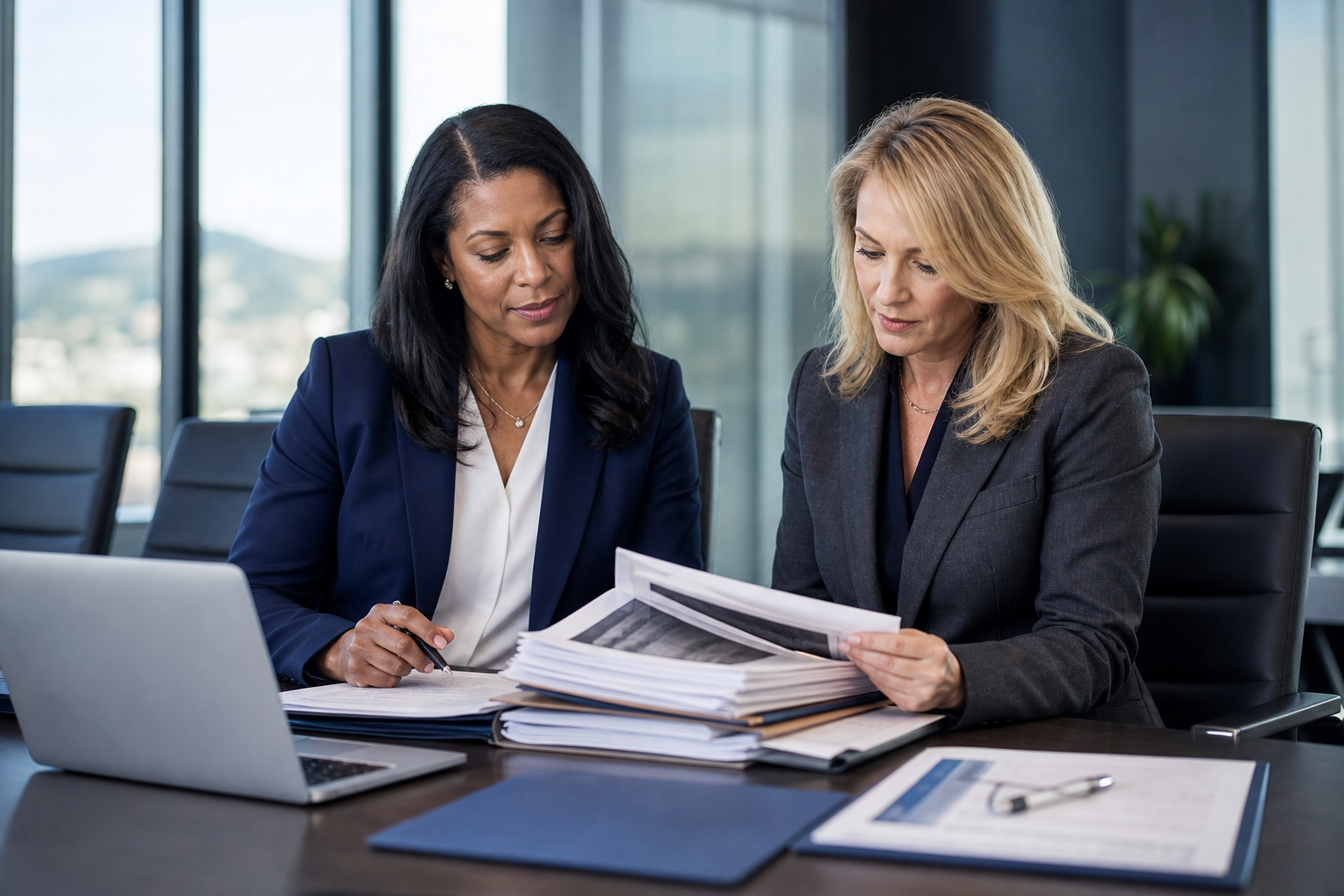 Professional REVVA legal nurses in business attire reviewing case records